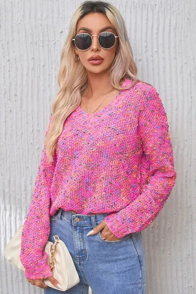 Anastasia Heathered V-Neck Dropped Shoulder Sweater