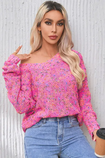 Anastasia Heathered V-Neck Dropped Shoulder Sweater