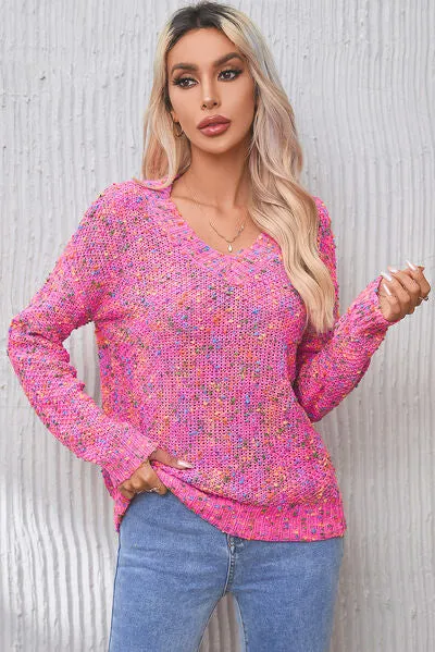 Anastasia Heathered V-Neck Dropped Shoulder Sweater