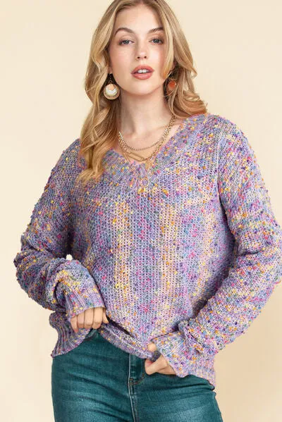 Anastasia Heathered V-Neck Dropped Shoulder Sweater