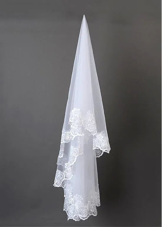 Beautiful White Tulle Cathedral Wedding Veil With Lace Applique Edge