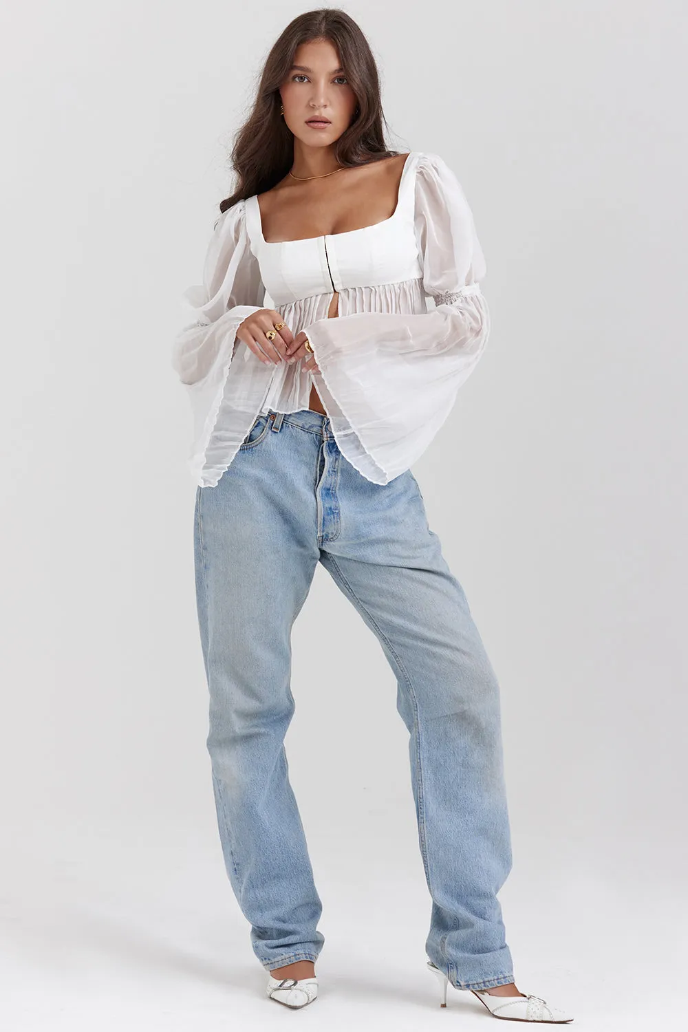 Becca Ruched Top | Women’s White Fitted Top with Soft Ruching and Minimalist Style