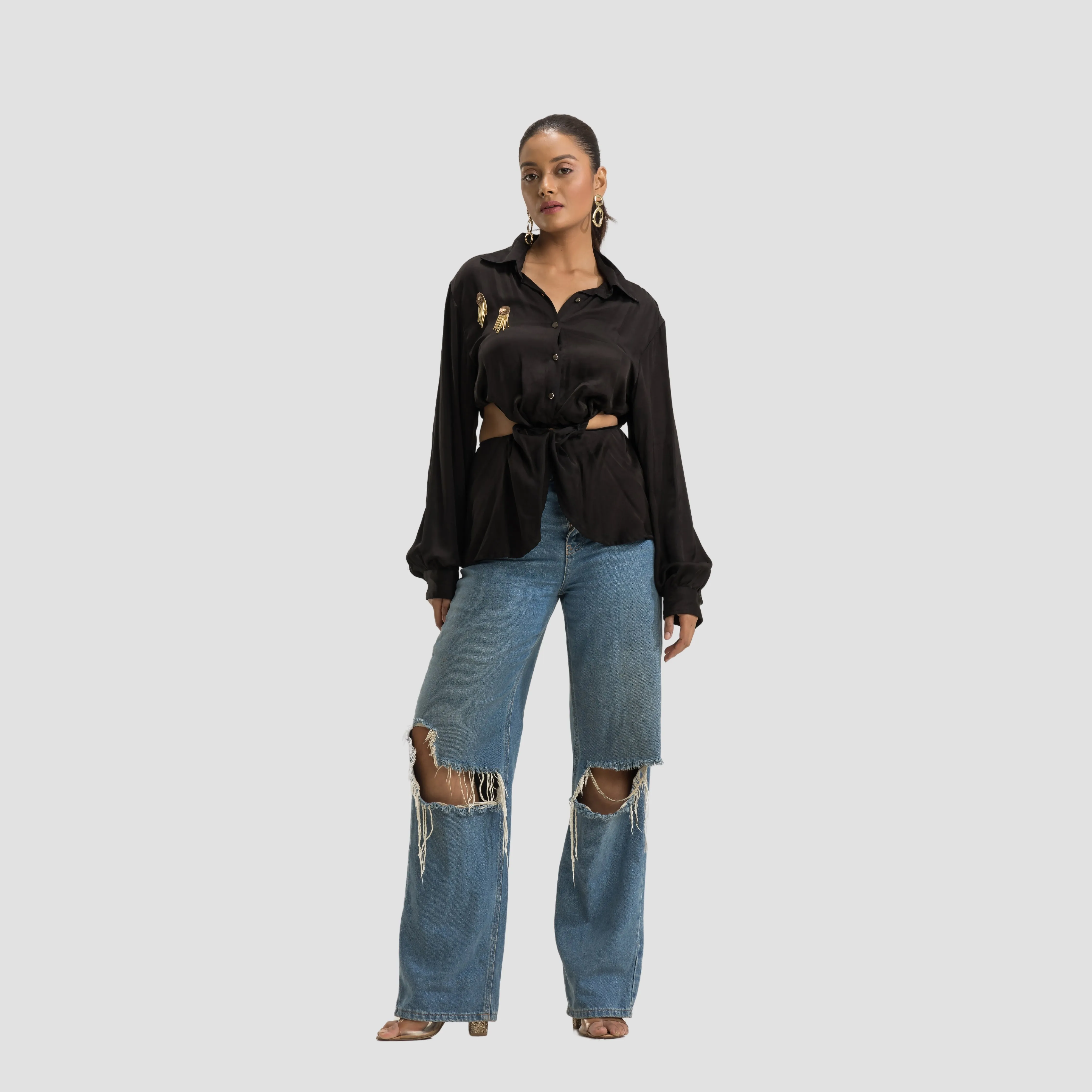 Black Satin Cutout Shirt