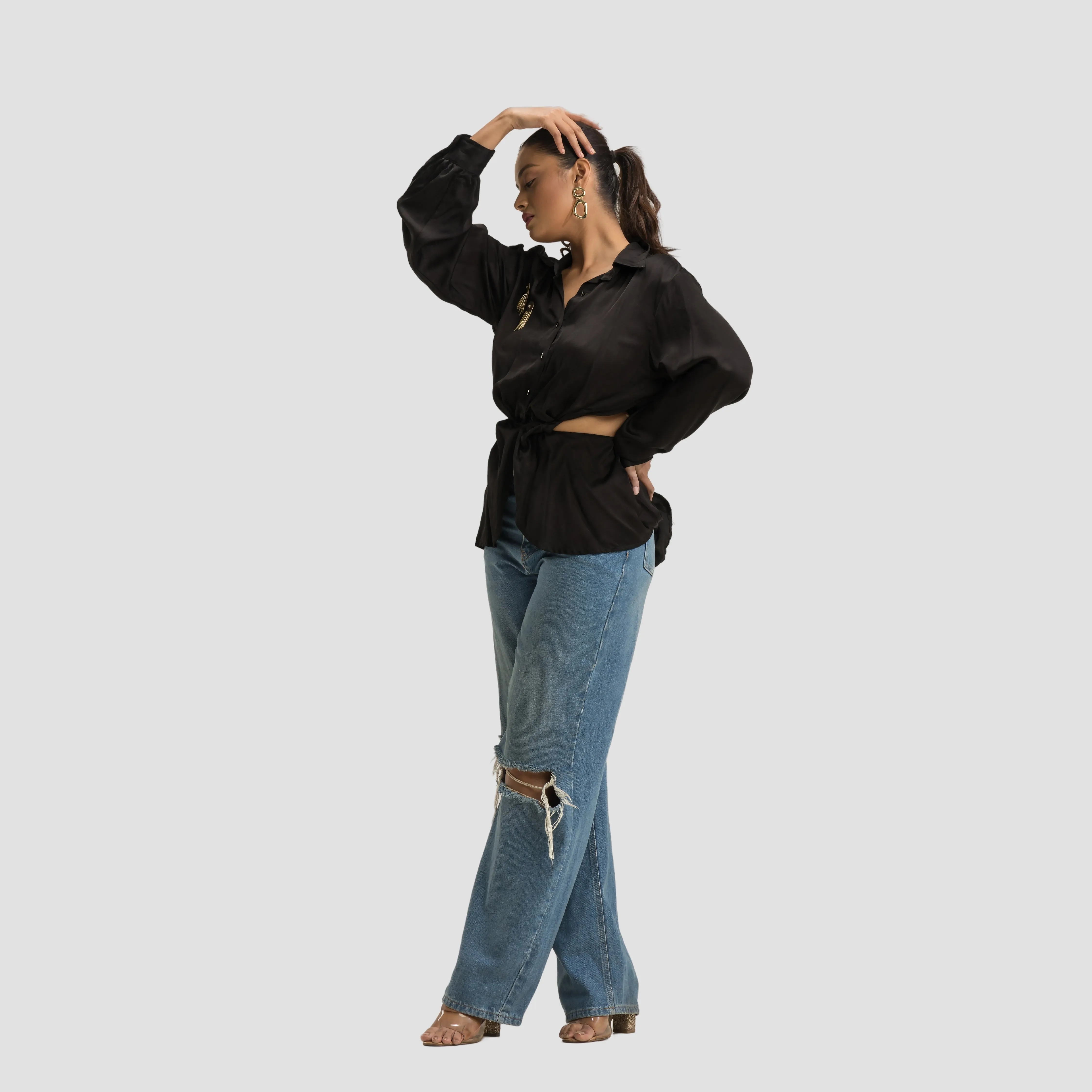 Black Satin Cutout Shirt