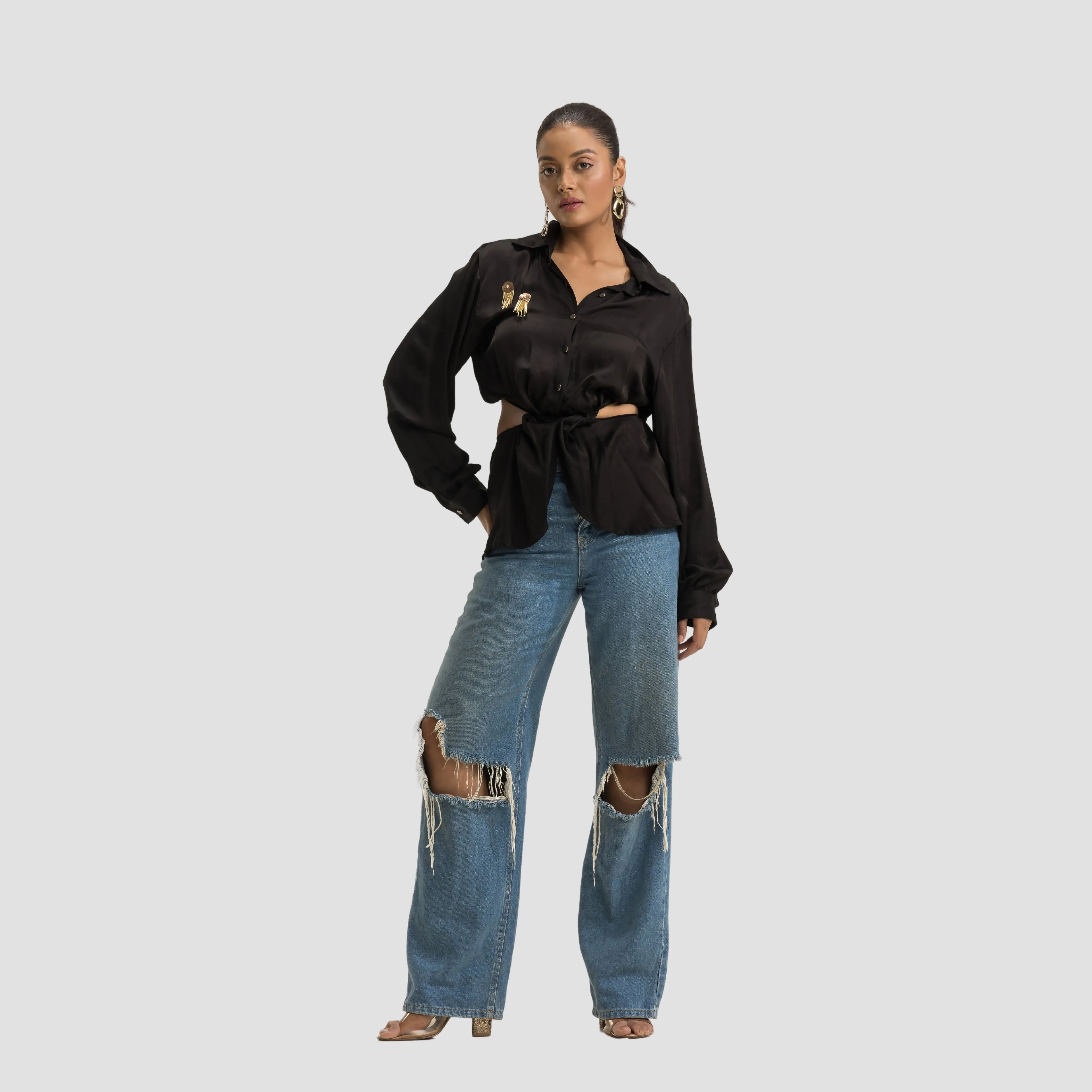 Black Satin Cutout Shirt