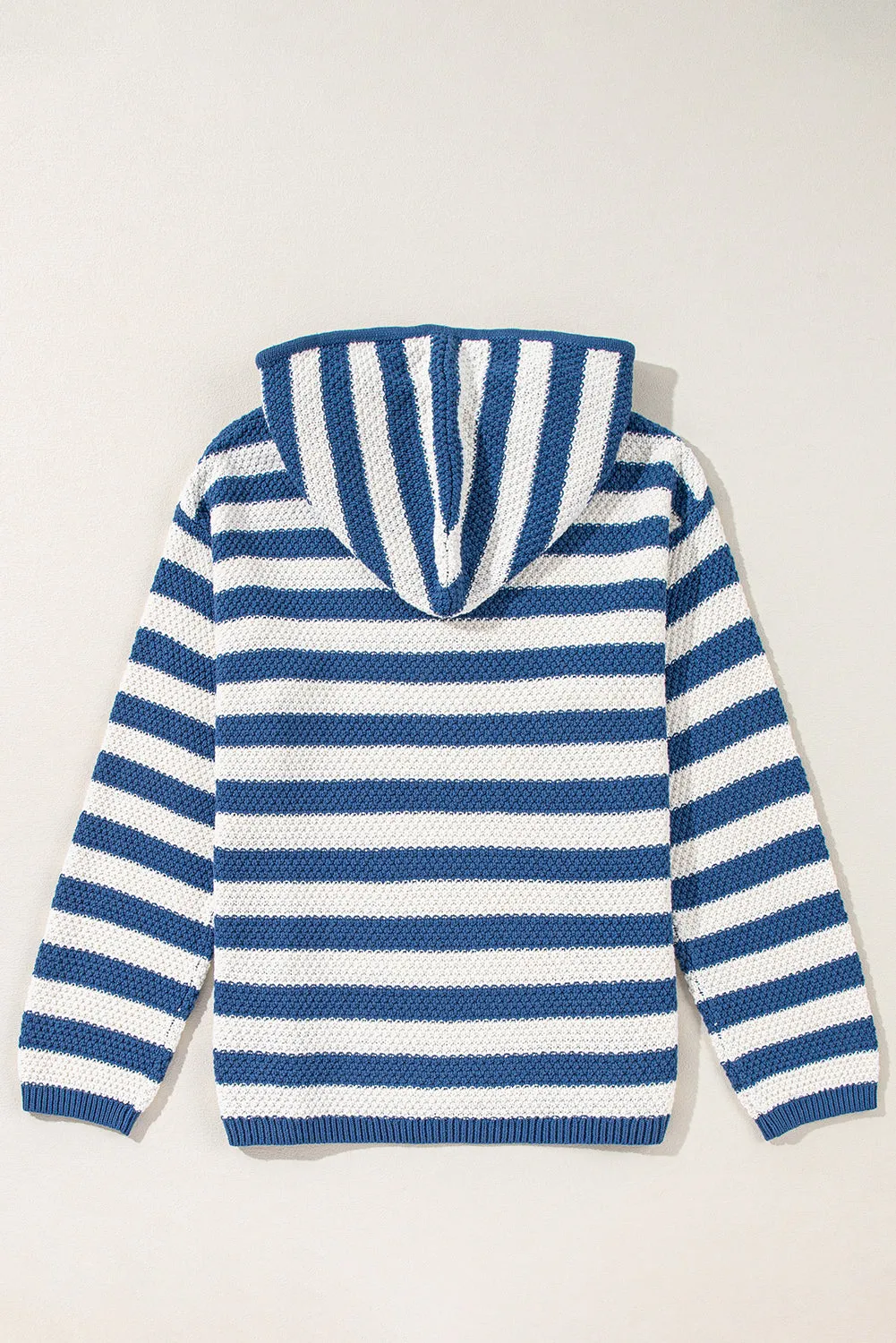Blue Stripe V Neck Pocketed Drawstring Hooded Sweater