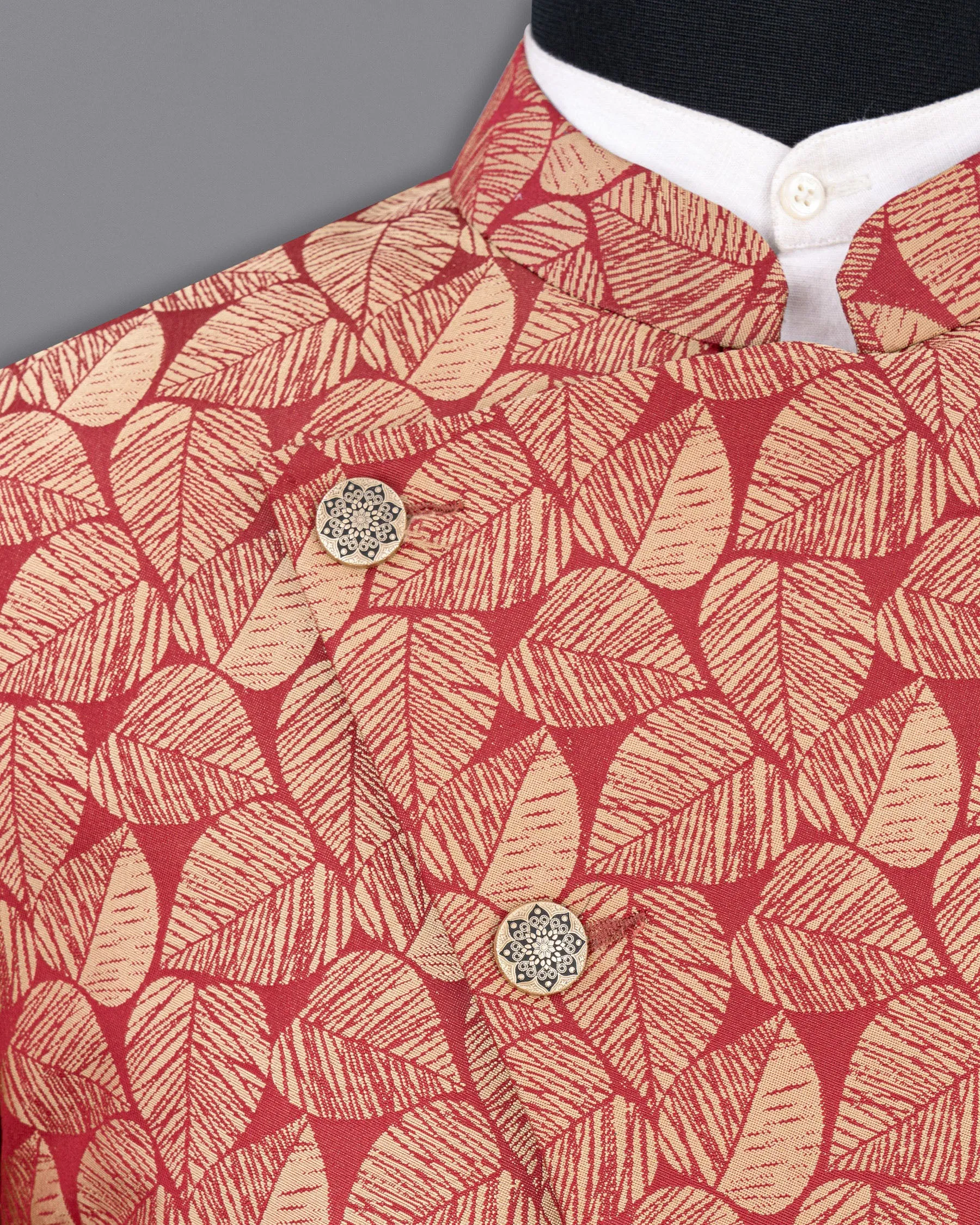 Chestnut Pink and Negroni Leaves Pattern Cross-Buttoned Bandhgala Designer Blazer
