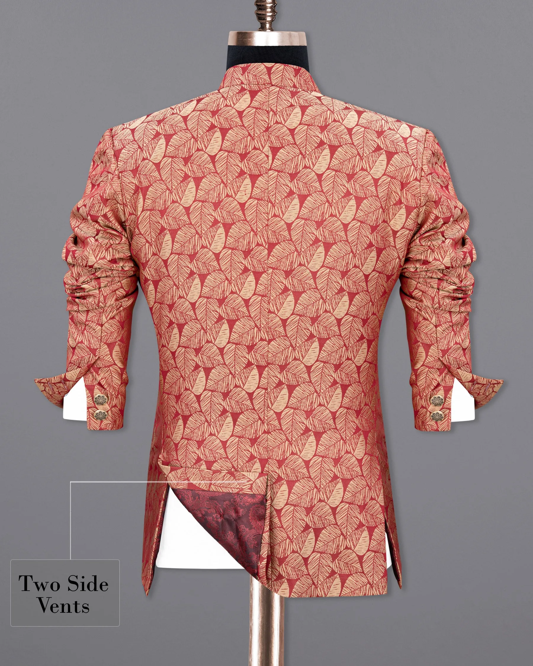 Chestnut Pink and Negroni Leaves Pattern Cross-Buttoned Bandhgala Designer Blazer