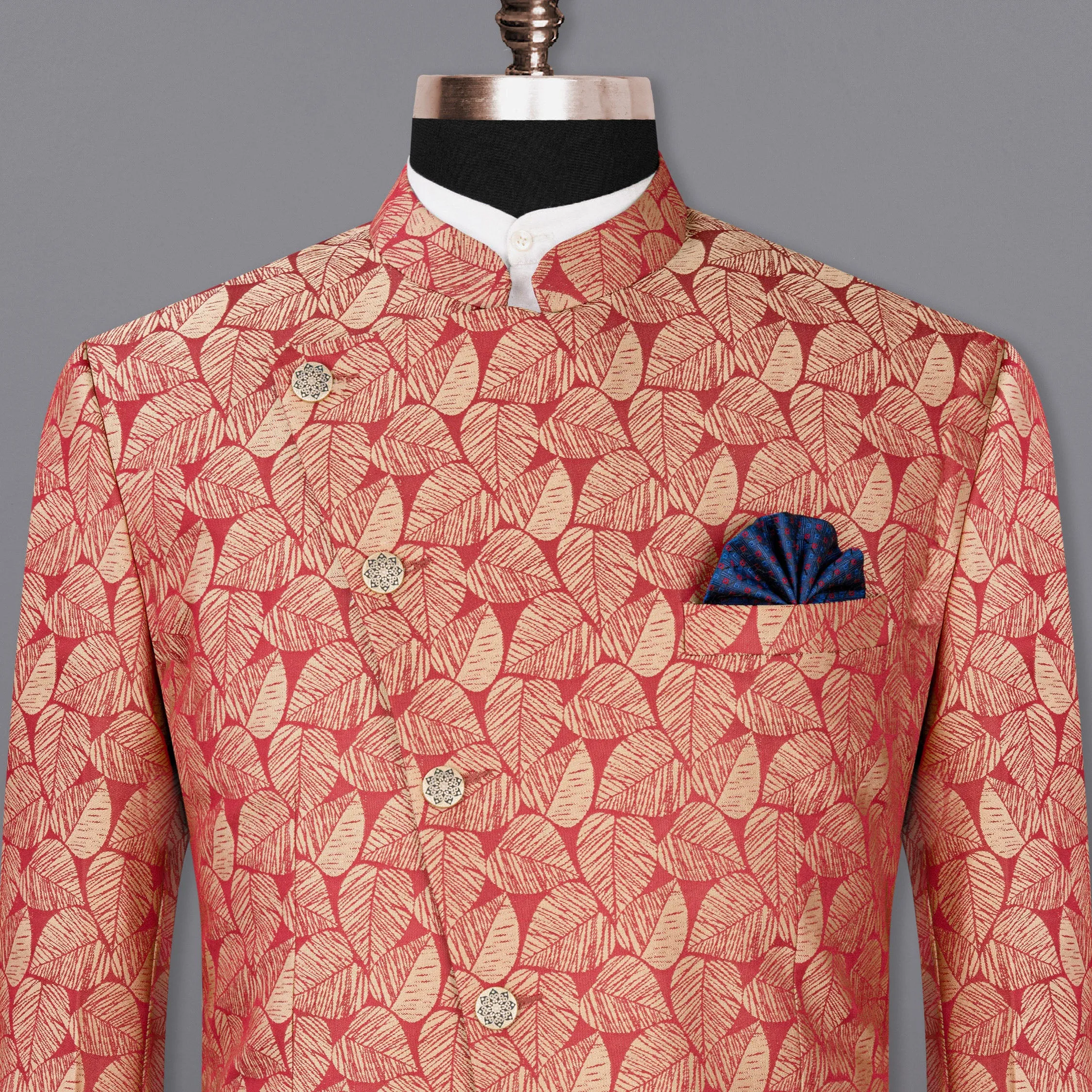 Chestnut Pink and Negroni Leaves Pattern Cross-Buttoned Bandhgala Designer Blazer