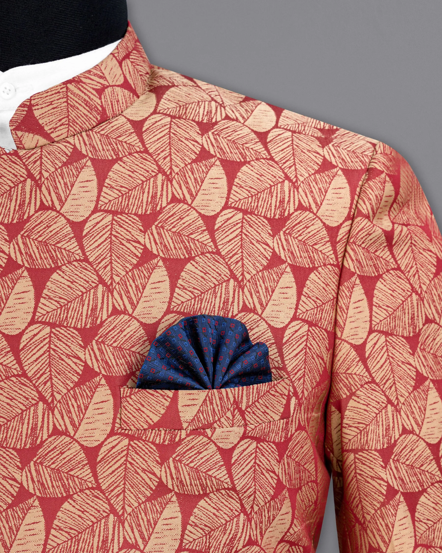 Chestnut Pink and Negroni Leaves Pattern Cross-Buttoned Bandhgala Designer Blazer