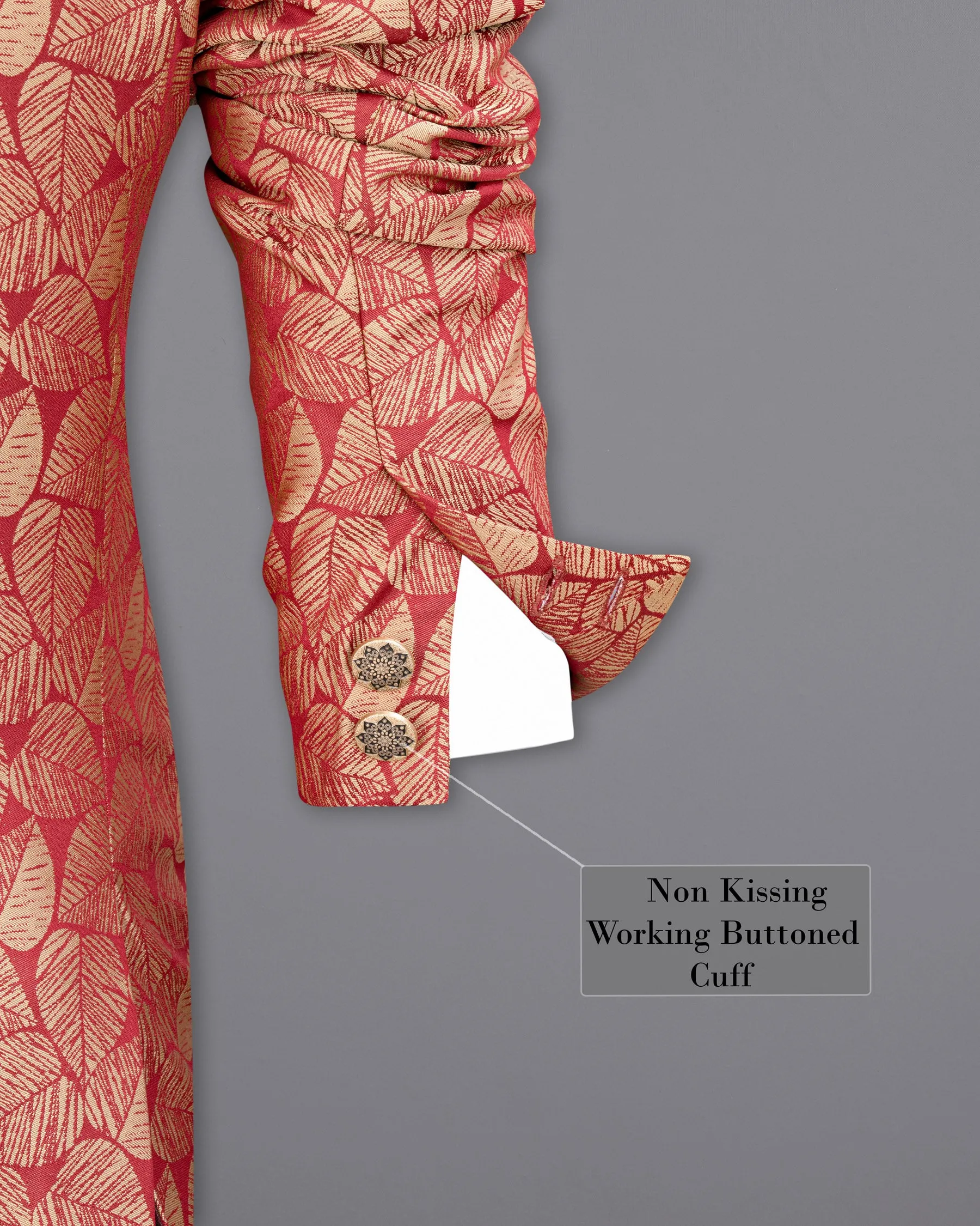 Chestnut Pink and Negroni Leaves Pattern Cross-Buttoned Bandhgala Designer Blazer