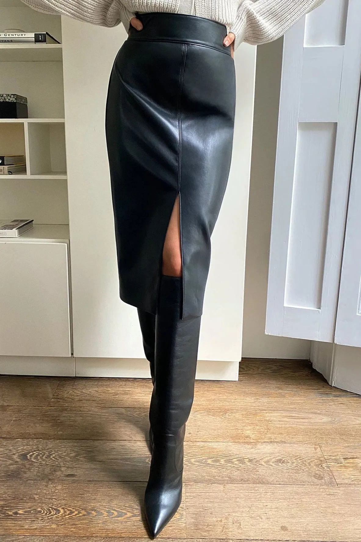 Creamtopmall High Waist Faux Leather Slit Pencil Office Skirt