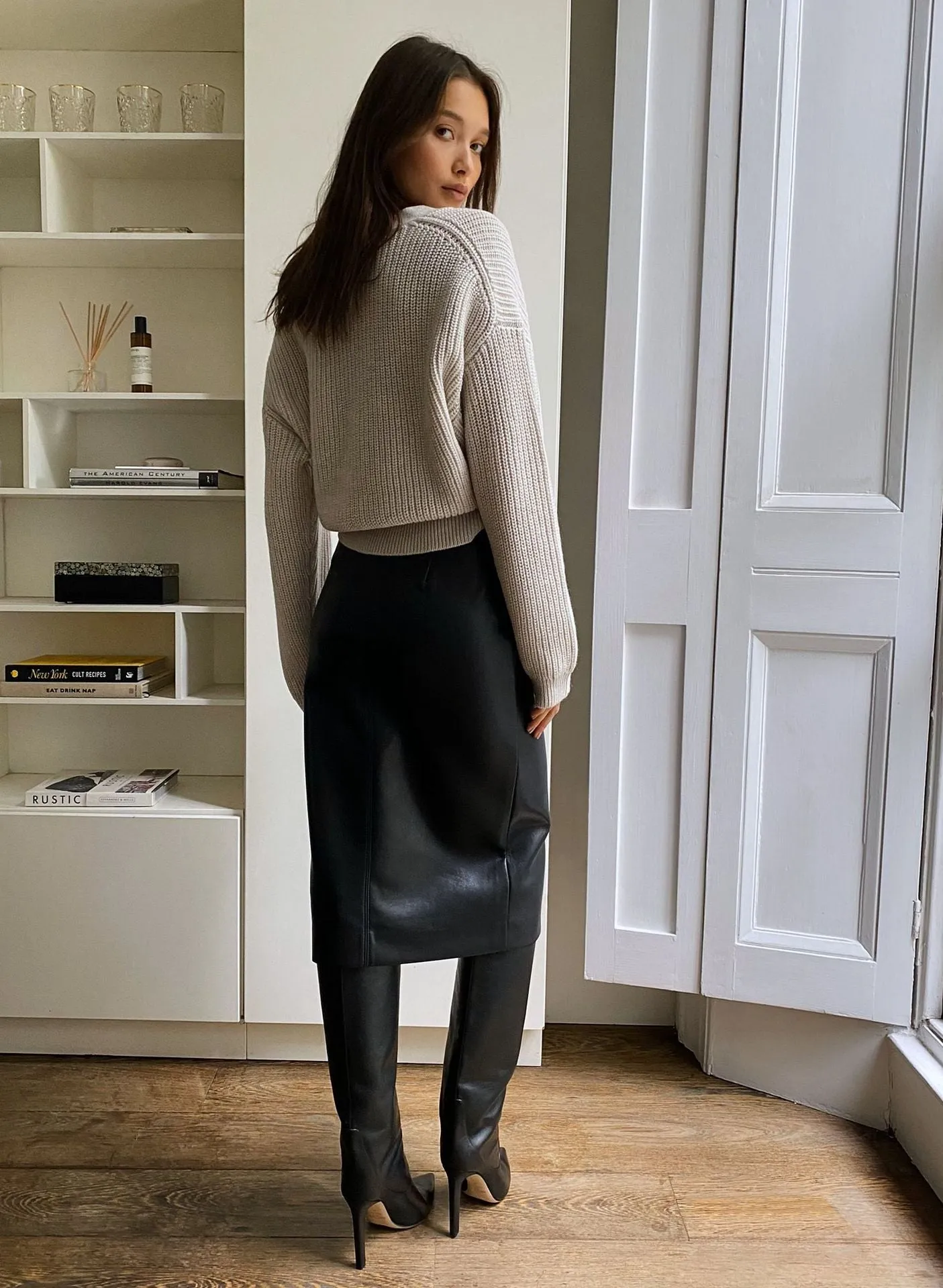 Creamtopmall High Waist Faux Leather Slit Pencil Office Skirt