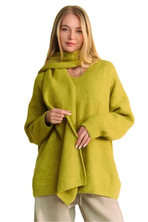 Davi & Dani V-Neck Dropped Shoulder Sweater with Scarf