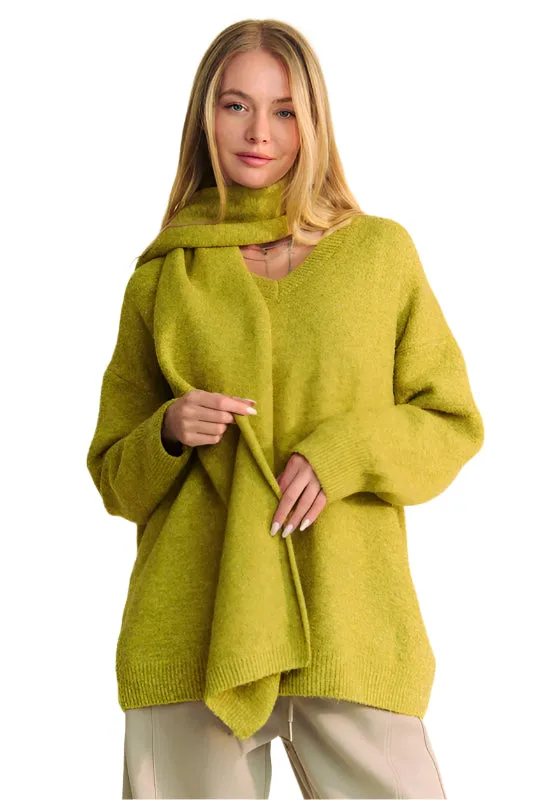 Davi & Dani V-Neck Dropped Shoulder Sweater with Scarf