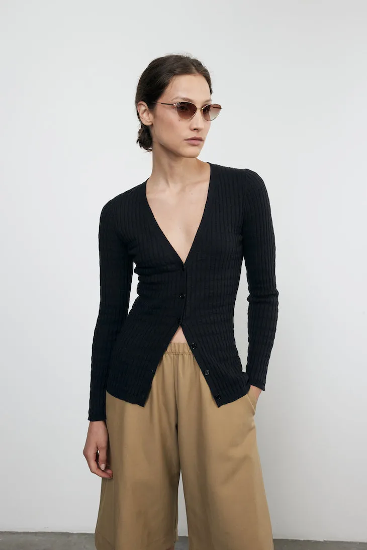 ENZA COSTA-Linen Cotton V Neck Cardigan Black