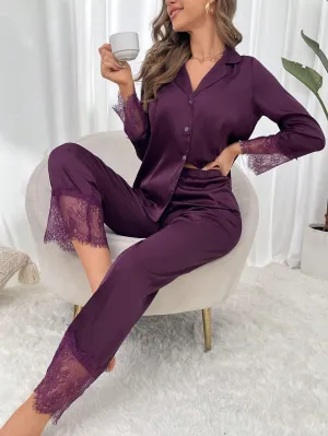 Eyelash Lace Panel Satin PJ Set