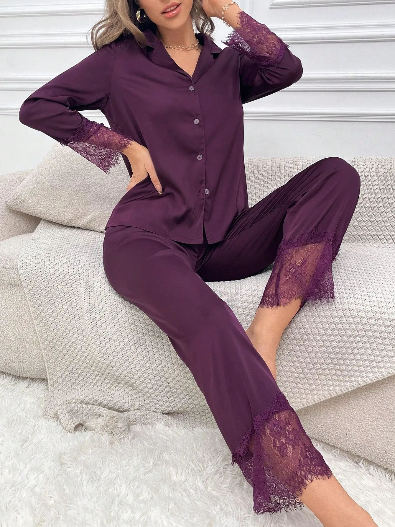 Eyelash Lace Panel Satin PJ Set