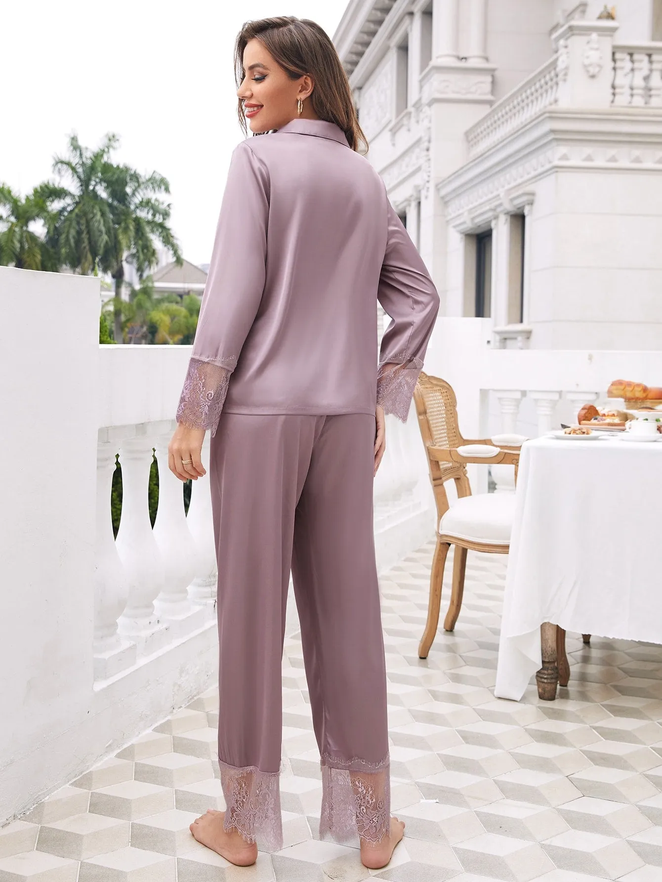 Eyelash Lace Panel Satin PJ Set