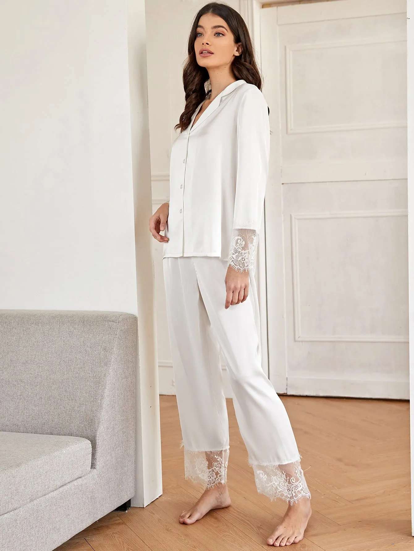 Eyelash Lace Panel Satin PJ Set