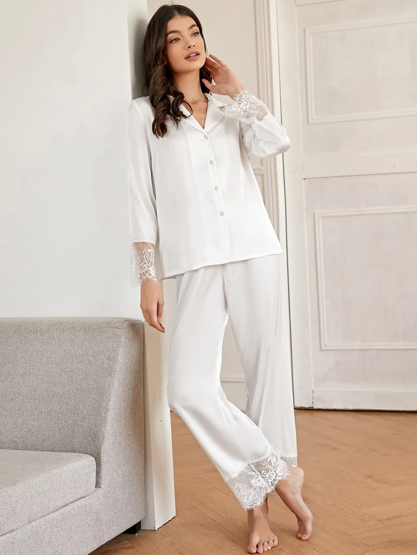 Eyelash Lace Panel Satin PJ Set