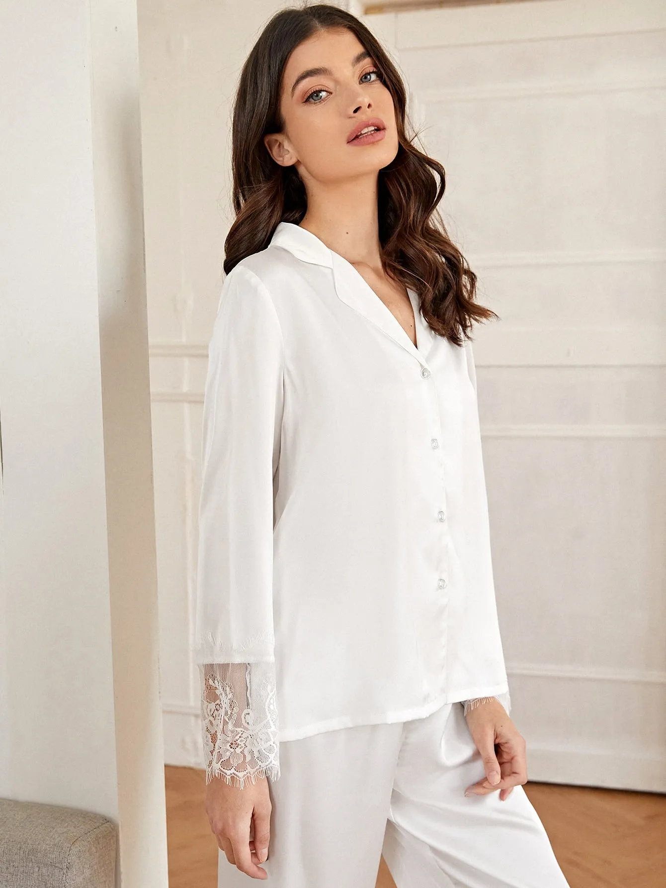 Eyelash Lace Panel Satin PJ Set