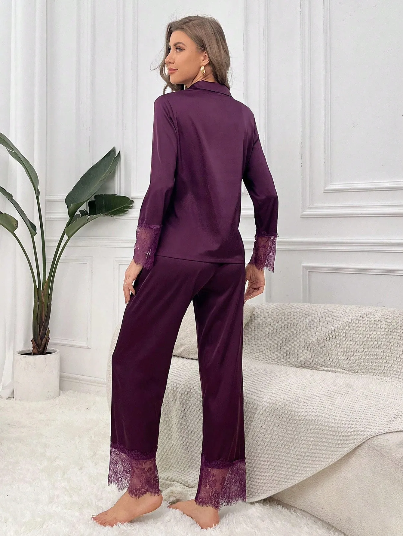 Eyelash Lace Panel Satin PJ Set