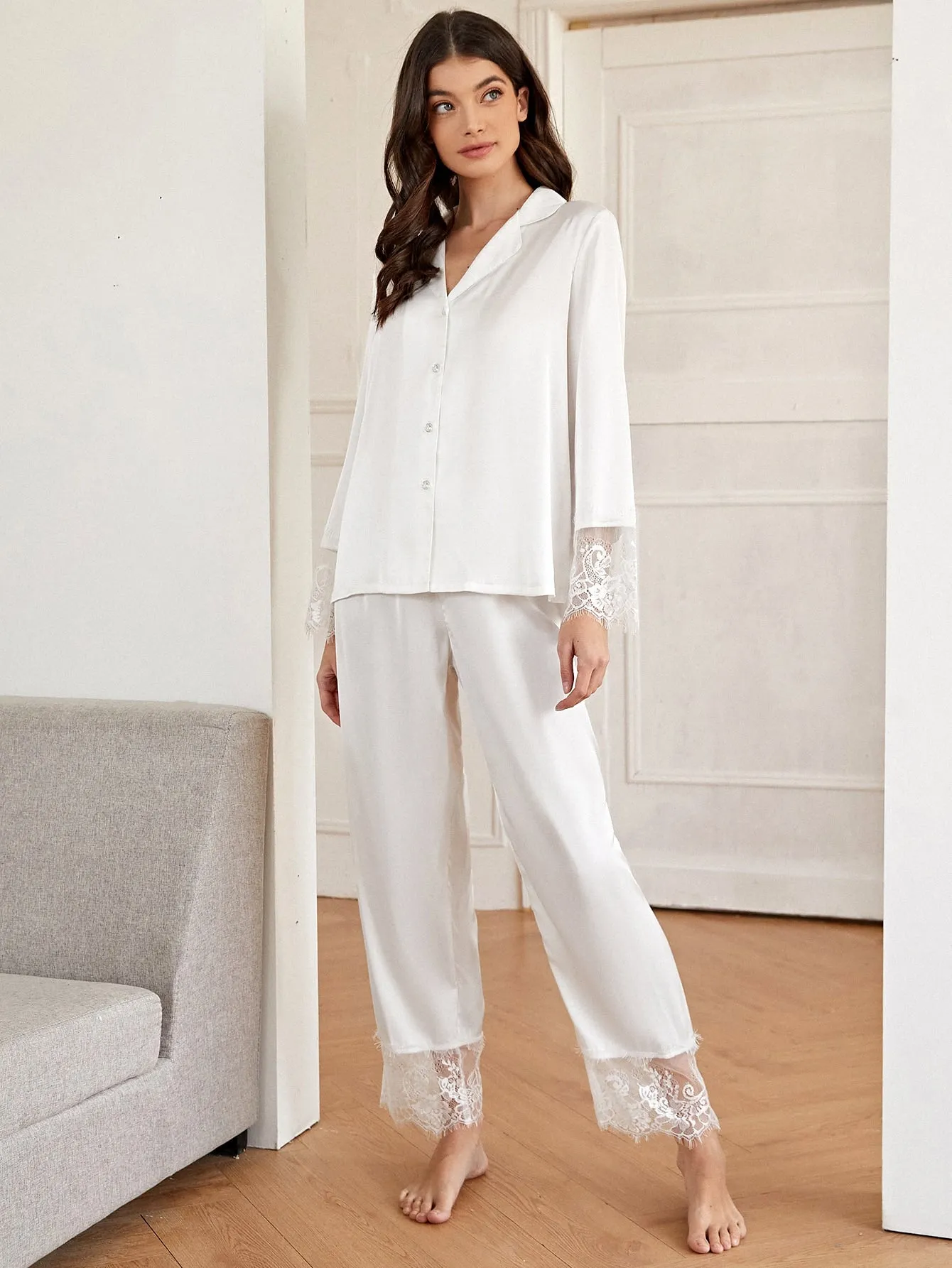 Eyelash Lace Panel Satin PJ Set