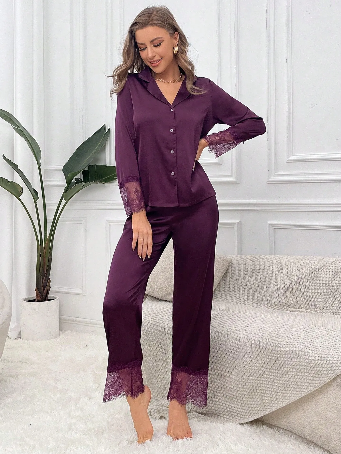 Eyelash Lace Panel Satin PJ Set
