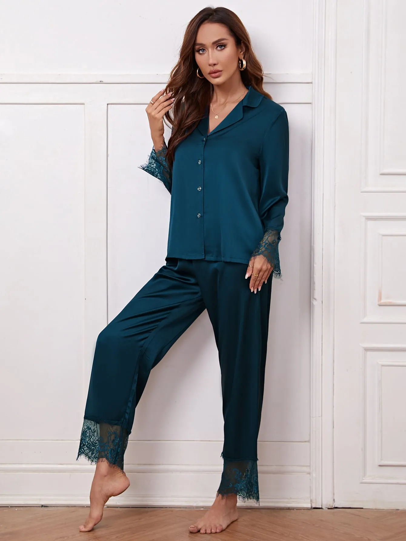 Eyelash Lace Panel Satin PJ Set
