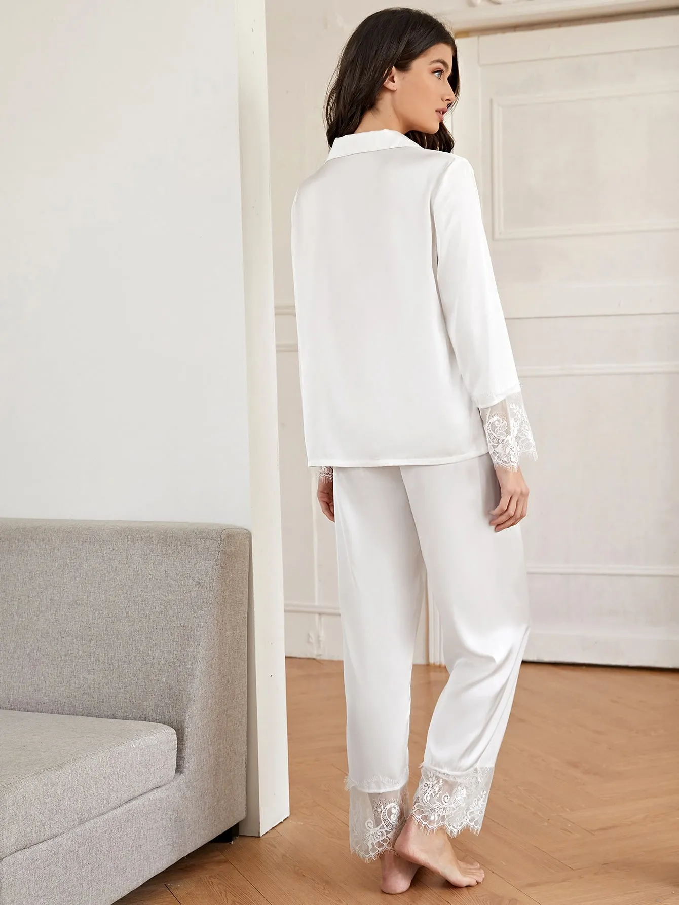 Eyelash Lace Panel Satin PJ Set