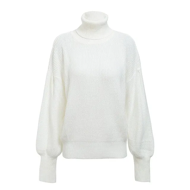 Lantern Sleeve Knitted Turtleneck Winter Sweater