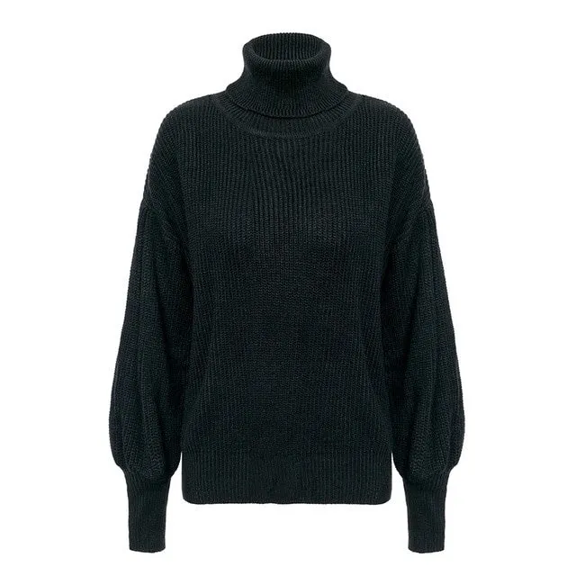 Lantern Sleeve Knitted Turtleneck Winter Sweater
