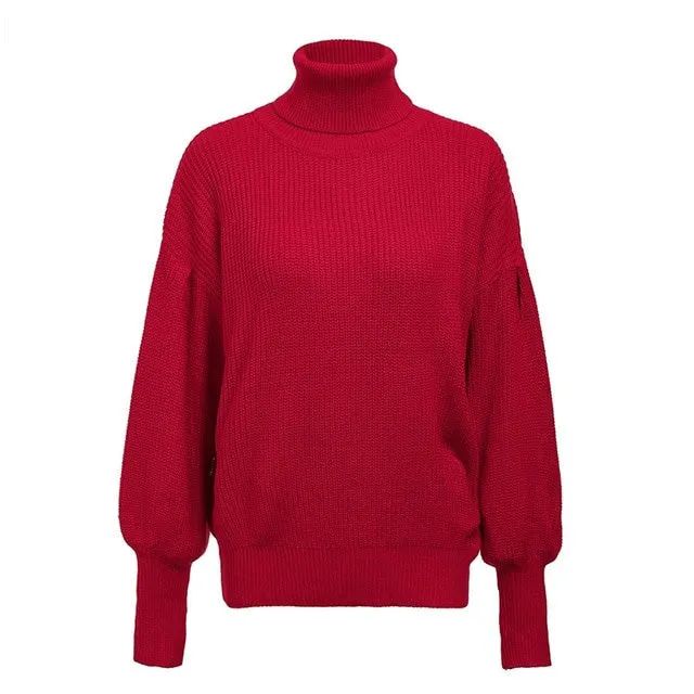 Lantern Sleeve Knitted Turtleneck Winter Sweater