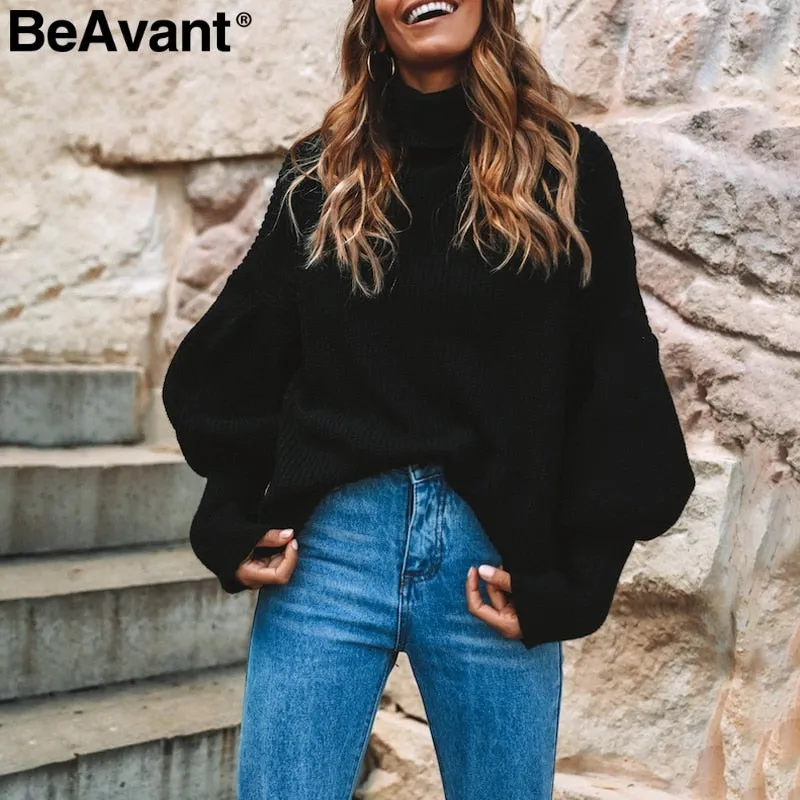 Lantern Sleeve Knitted Turtleneck Winter Sweater