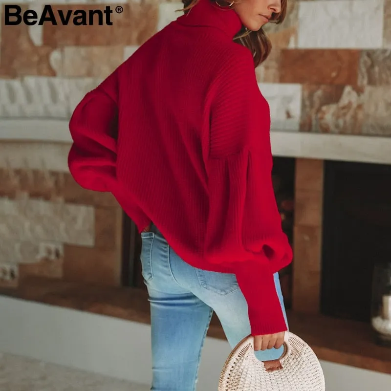 Lantern Sleeve Knitted Turtleneck Winter Sweater