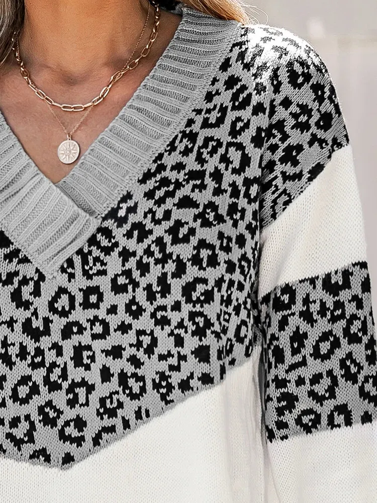 Leopard Print Colorblock V-neck Sweater