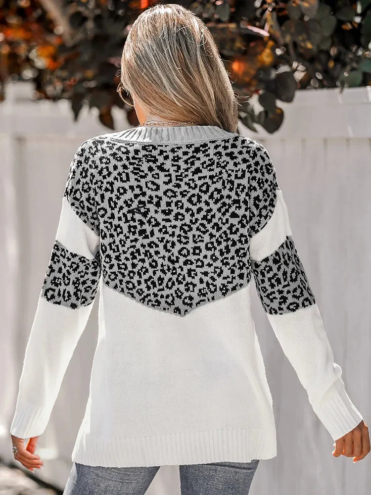 Leopard Print Colorblock V-neck Sweater