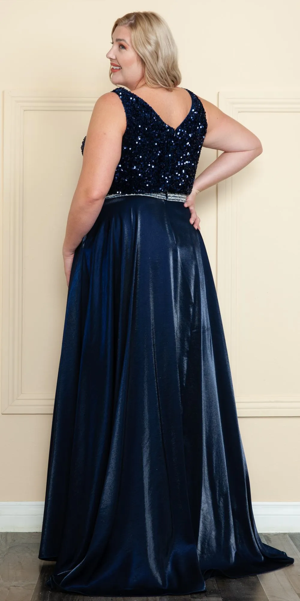 Lindas W1006 Floor Length A-Line Sleeveless V-Neck Sequin Bodice Dress