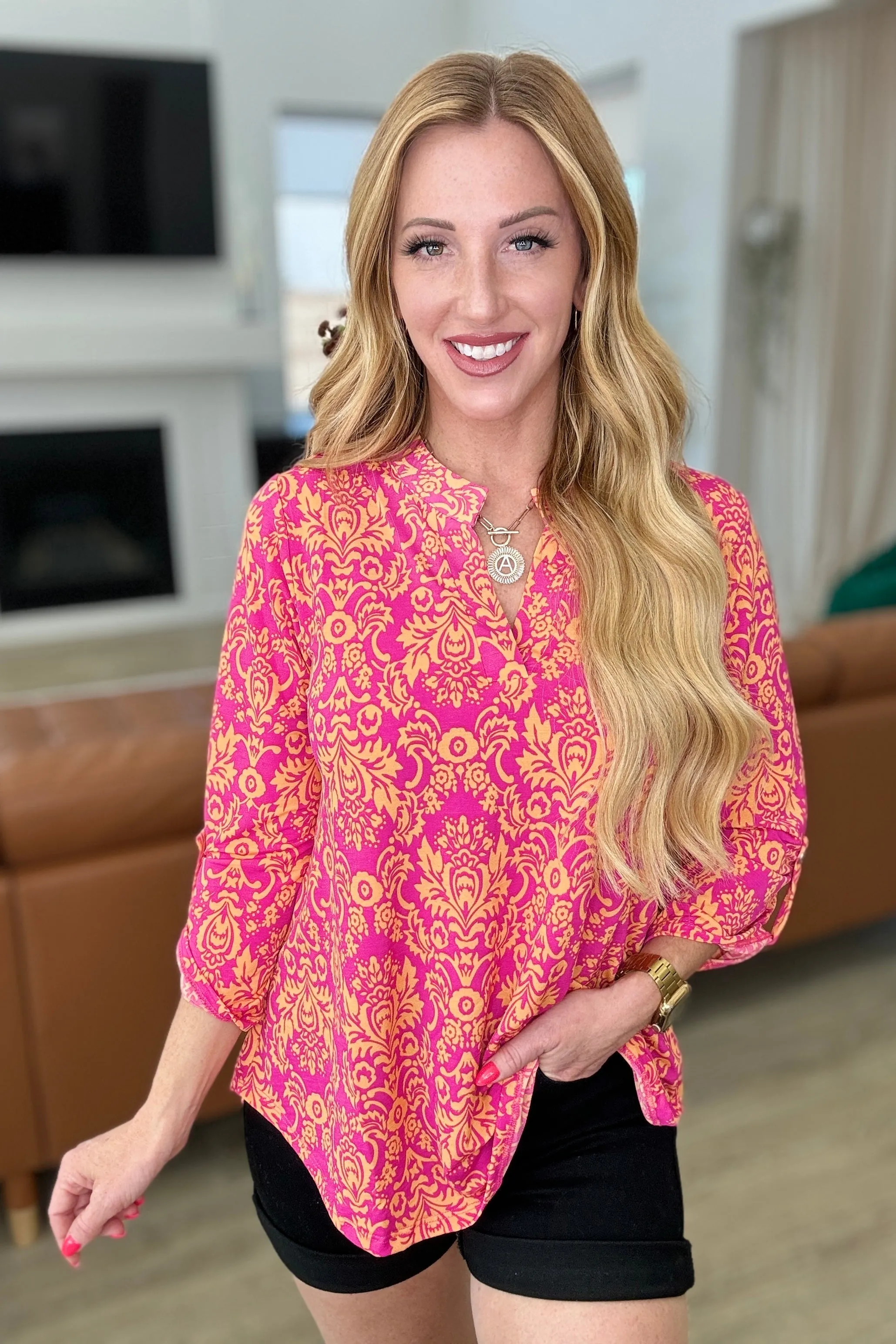 Lizzy Top in Hot Pink & Tangerine Damask