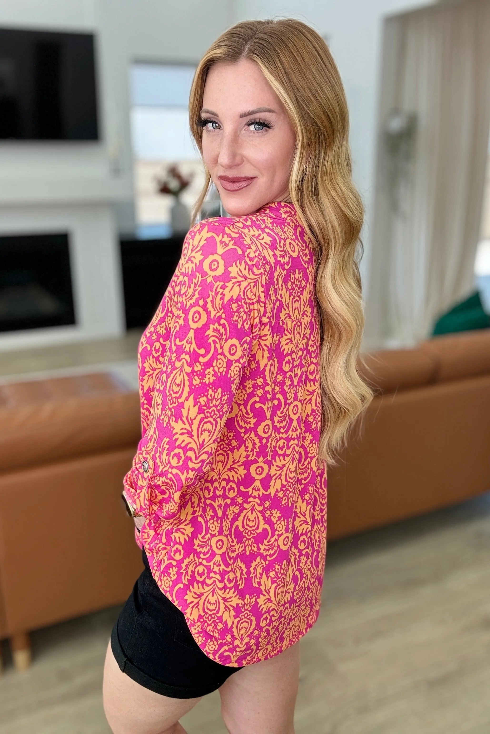 Lizzy Top in Hot Pink & Tangerine Damask