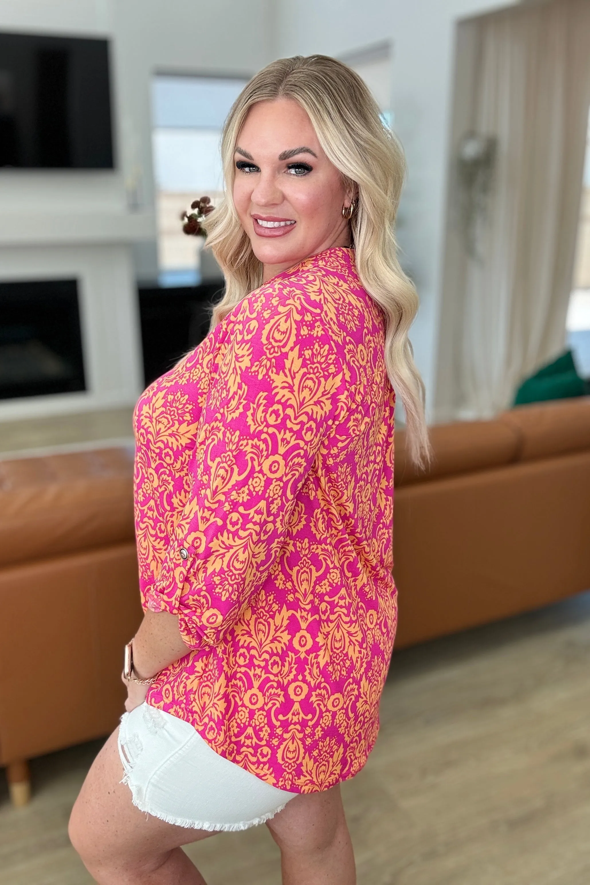 Lizzy Top in Hot Pink & Tangerine Damask