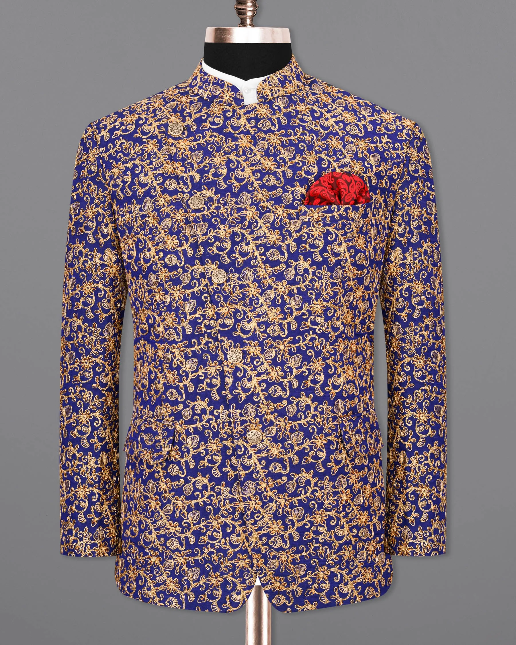Meteorite Blue and Fawn Cross-Button Bandhgala Designer Blazer