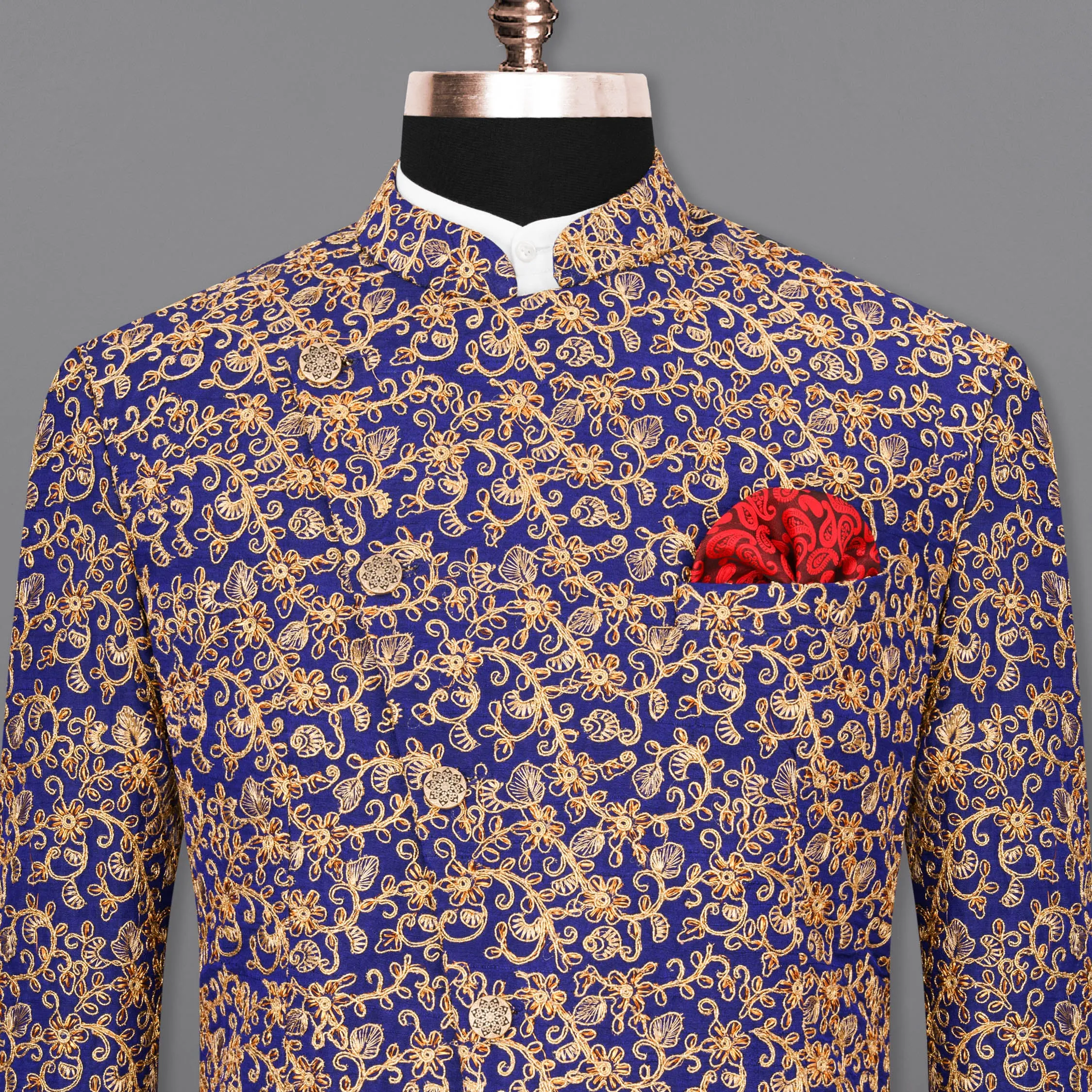 Meteorite Blue and Fawn Cross-Button Bandhgala Designer Blazer