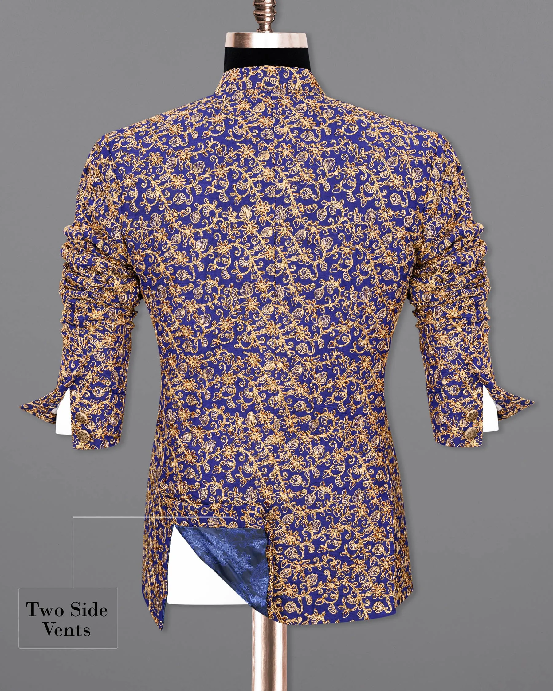 Meteorite Blue and Fawn Cross-Button Bandhgala Designer Blazer