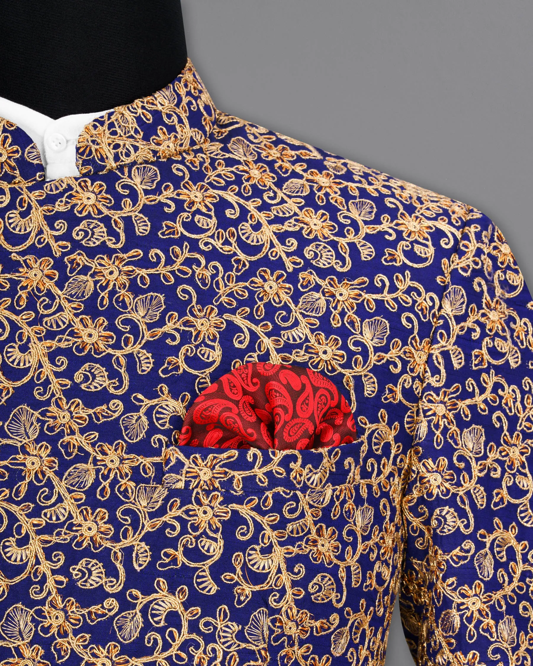 Meteorite Blue and Fawn Cross-Button Bandhgala Designer Blazer