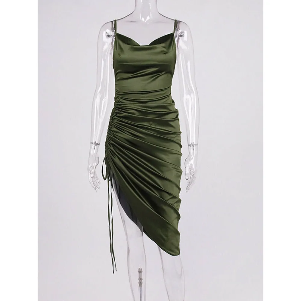 NewAsia Ruched Satin Summer Dress Drawstring Spaghetti Straps Cowl Neck Backless Long Dresses for Women Party Sexy Vestidos 2020