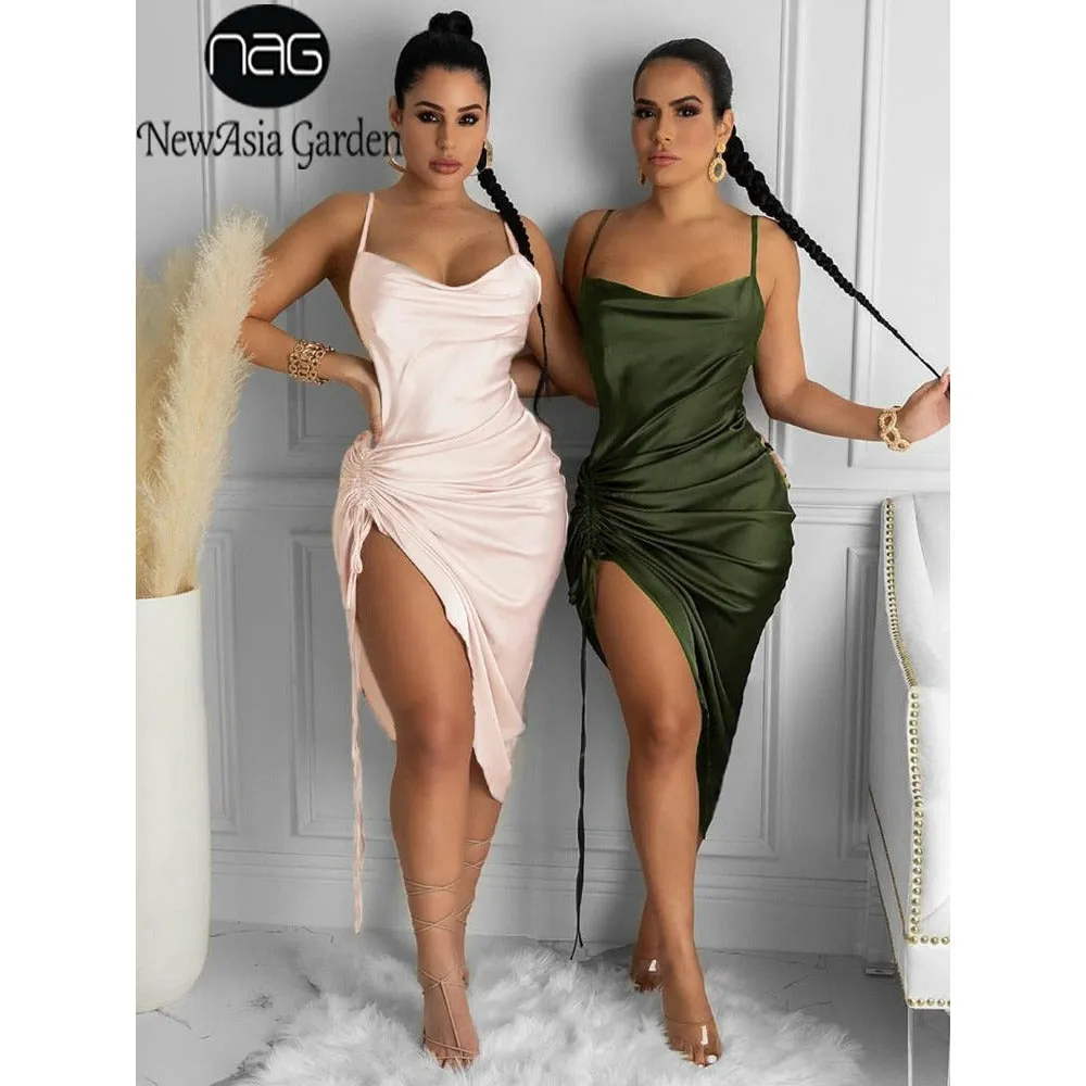 NewAsia Ruched Satin Summer Dress Drawstring Spaghetti Straps Cowl Neck Backless Long Dresses for Women Party Sexy Vestidos 2020