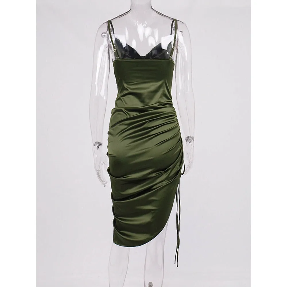 NewAsia Ruched Satin Summer Dress Drawstring Spaghetti Straps Cowl Neck Backless Long Dresses for Women Party Sexy Vestidos 2020