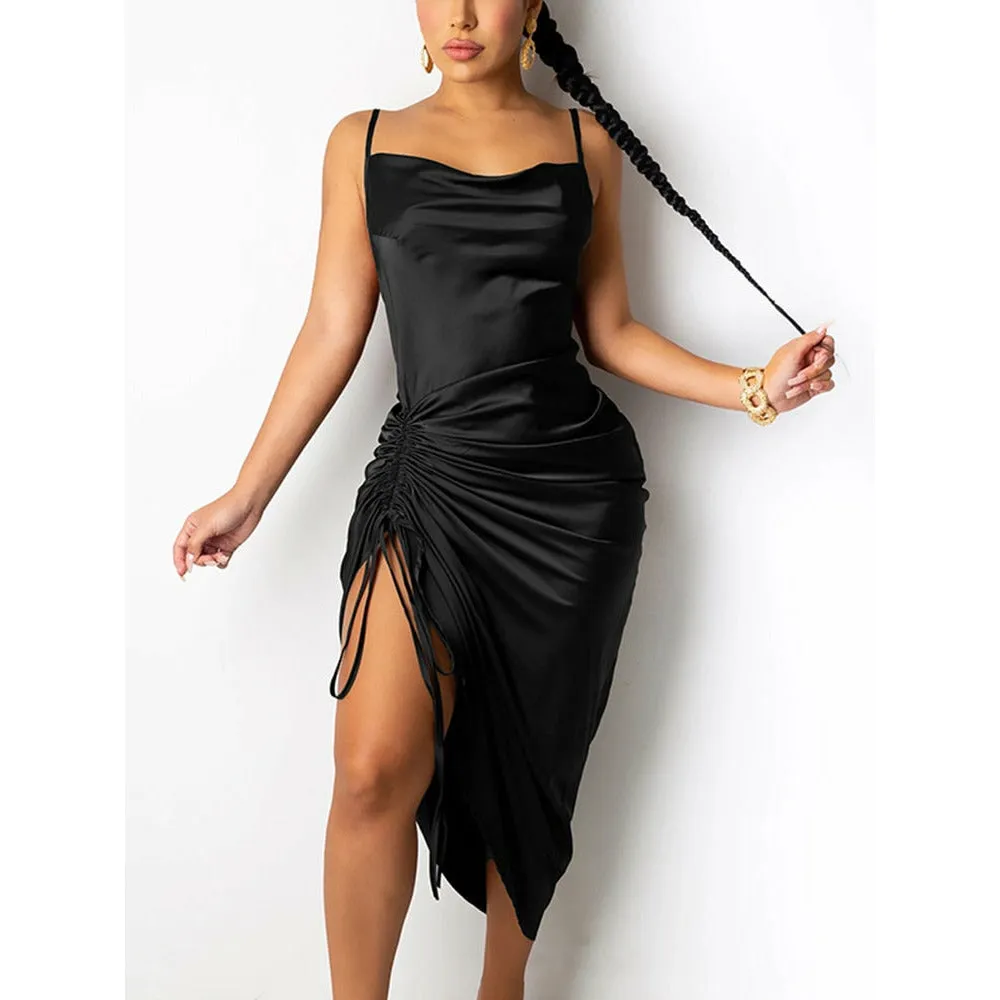 NewAsia Ruched Satin Summer Dress Drawstring Spaghetti Straps Cowl Neck Backless Long Dresses for Women Party Sexy Vestidos 2020